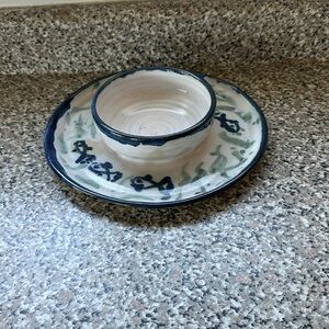 Handmade Pottery Chip & Dip Set w Hand Painted Fish Motifs